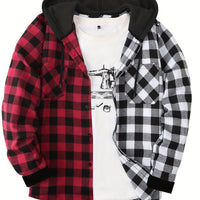 Long Sleeve Casual Regular Fit Button Up Hooded Shirts Jacket, Plaid Shirt Coat For Men