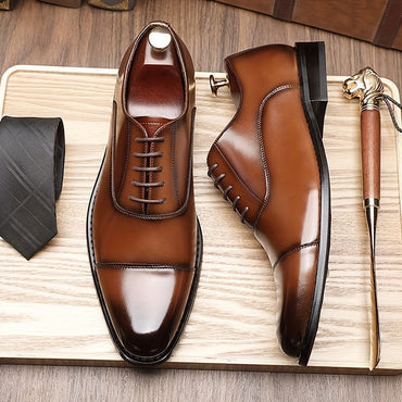 [Trendy Cow Leather Oxford Shoes] Men's Trendy Split Cow Leather Upper Cap Toe Oxford Shoes, Comfy Non Slip Casual Rubber Sole Formal Shoes, Men's Footwear