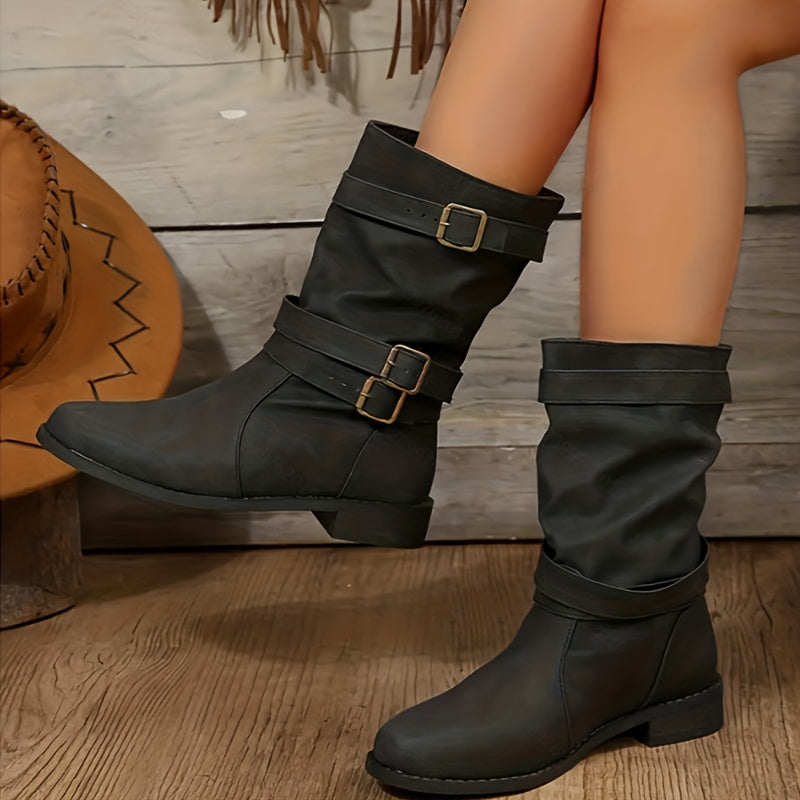 Trendy Solid Color Cowboy Boots - Stylish Chunky Heel with Fashion Buckle Strap Accent - Effortless Slip-On Comfortable Design