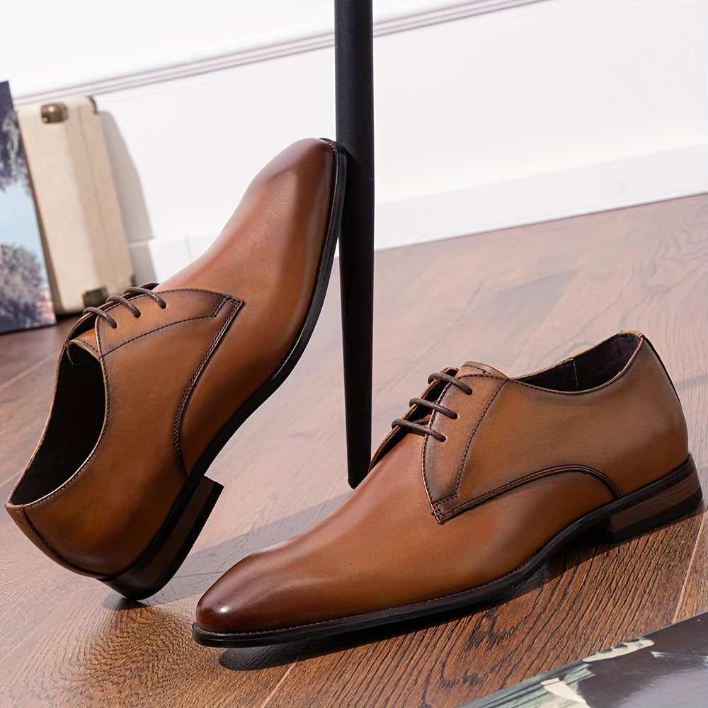 Men's Solid Colour Top Grain Leather Plain Toe Oxford Shoes, Comfy Non Slip Durable Rubber Sole Lace Up Formal Shoes, Men's Footwear