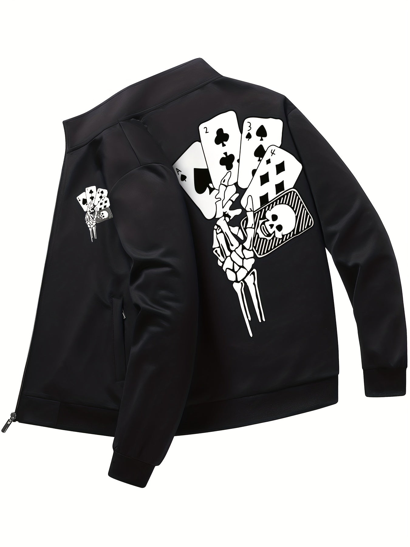 Skeleton Holding Card Pattern Windbreaker Jackets, Men's Casual Stretch Stand Collar Jacket Coat