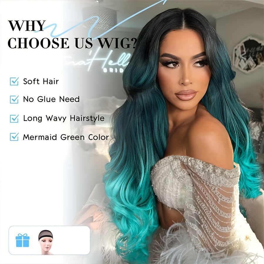 Long Wavy Wig Ombre Bluish Green Wigs Long Curly Ombre Color Hair Wigs Middle Part Synthetic Mermaid Green Wigs For Women Daily Party Cosplay