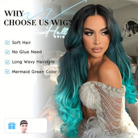Long Wavy Wig Ombre Bluish Green Wigs Long Curly Ombre Color Hair Wigs Middle Part Synthetic Mermaid Green Wigs For Women Daily Party Cosplay