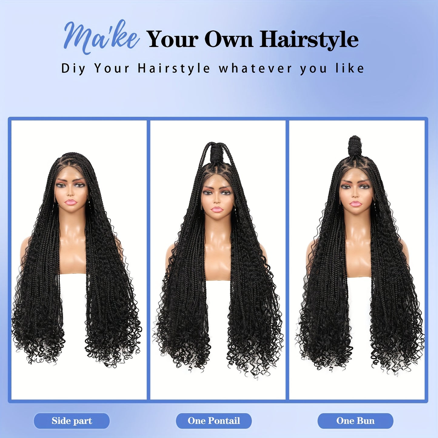 36 Bohemian Chic Box Braids Wig - Triangle Knotless & Curly - Synthetic Embroidered Double Lace Wigs for Women