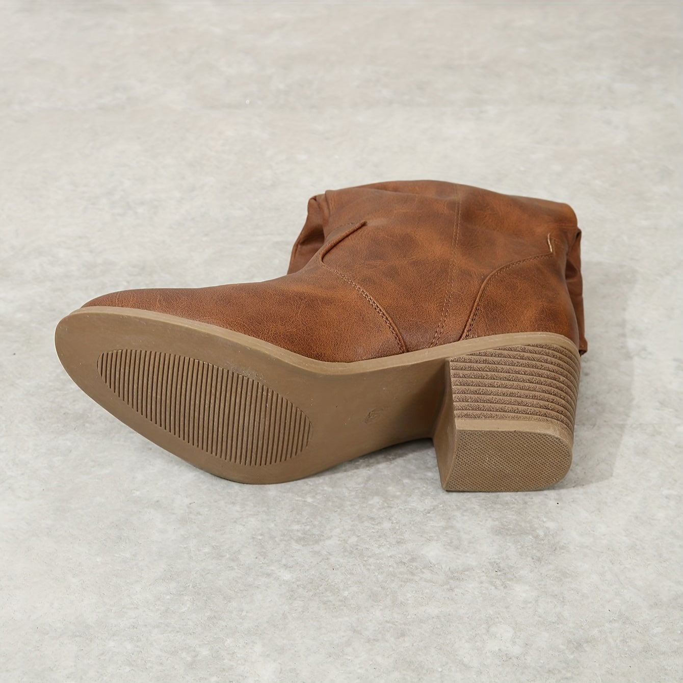 Mid Calf Women's Slouch Boots, Solid Color V-cut Slip On Cowgirl Low Heel Block Stacked Heels