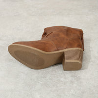 Mid Calf Women's Slouch Boots, Solid Color V-cut Slip On Cowgirl Low Heel Block Stacked Heels