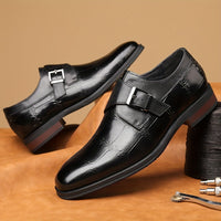 Men's Solid Color Top Grain Cow Leather Upper Monk Shoes, Comfy Non Slip Rubber Sole Durable Dress Shoes, Men's Footwear