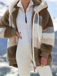 Womens Ultra-Soft Teddy Fleece Color Block Hooded Coat - Stylish Zip Up Winter Warm Outerwear with Full Hood and Long Sleeves - Trendy Casual Clothing for Chilly Days