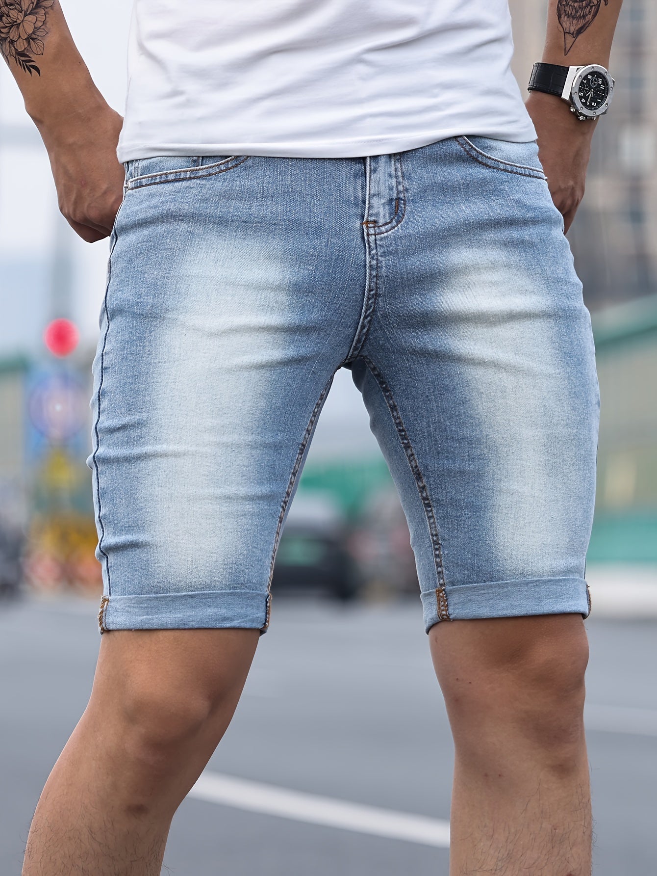 Men's Stylish Casual Skinny Solid Denim Shorts For Summer Daily Life