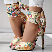 Women's Strappy Floral Print Satin Stiletto High Heels - Pointed Toe Lace Up D'Orsay Pumps with Ultrahigh Heel, Fabric Upper & Man Made Sole | Party & Dress Shoes | Fashion Stiletto Sandals