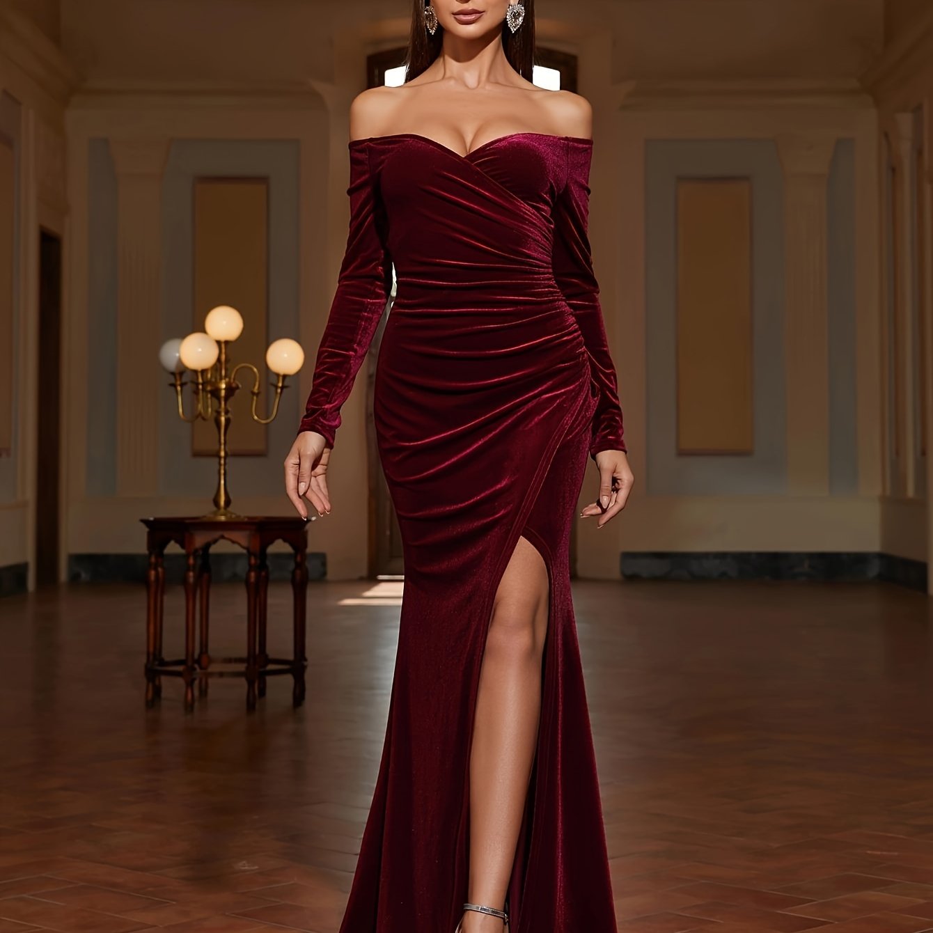Stunning Off-Shoulder Ruched Bodycon Dress - Elegant Long Sleeve Party Dresses for Women - Split Thigh, Flattering Fit, and Chic Design for Banquet and Special Occasions