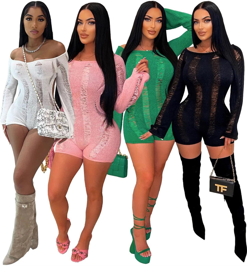 Solid Backless Knitted Playsuits Women Sexy Slash Neck Off Shoulder Long Sleeve Shorts Jumpsuits Spring Summer Beach Overalls