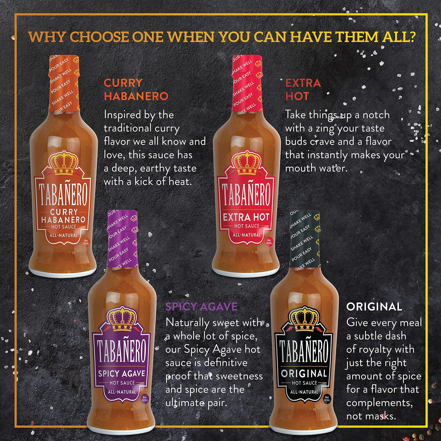 Hot Sauce Gift Sets by Tabañero, Fiesta Gift Set: Original, Extra Hot, Spicy Agave, Curry Habanero, All Natural, Gluten Free, Kosher, Made in the USA, 4 Pack, 8 Oz. Hot Sauce Bottles