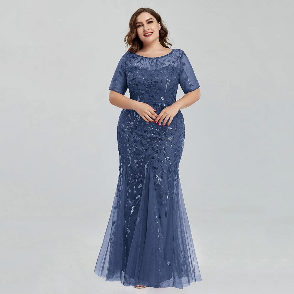 2023 Plus Size Sequin Mesh Mermaid Slim Evening Dress Beaded Leaves Pattern Formal  Women Elegant Party Prom Gowns Short Sleeve