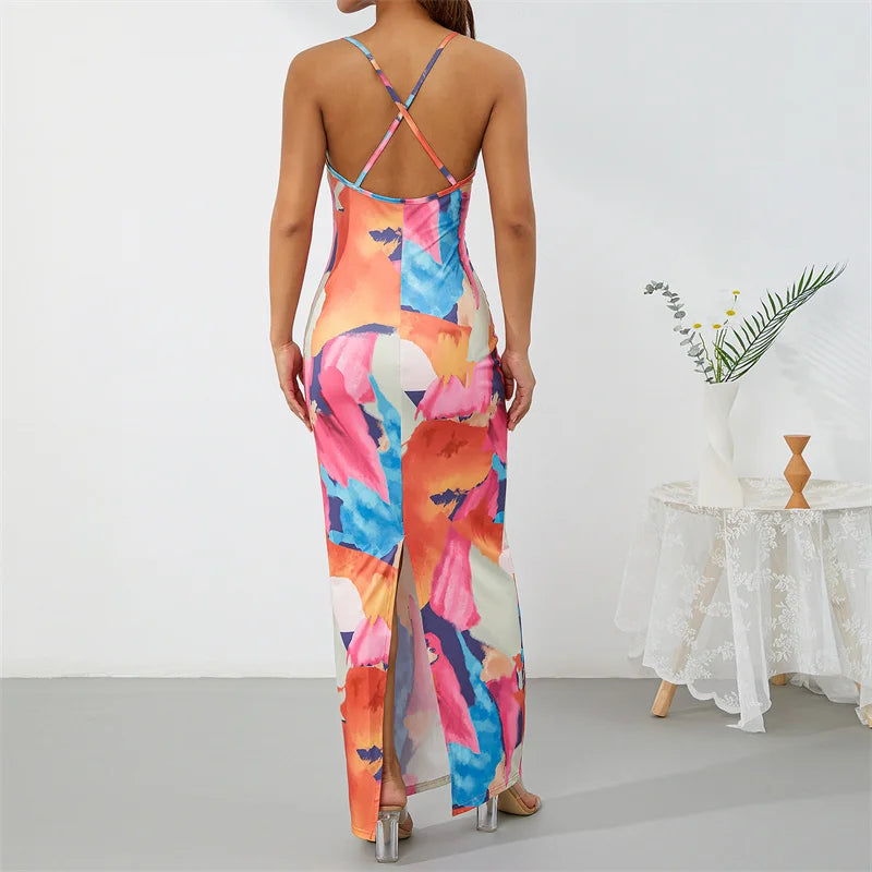 Sexy Abstract Tie-dyed Printed Bodycon Long Dress Summer 2022 Women Spaghetti Strap Backless Wrap Slit Dresses for Club Party