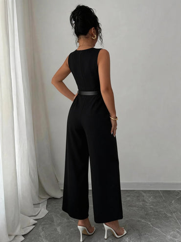 Black one shoulder cinched waist wide leg jumpsuit,Black single shoulder belted wide leg bodysuit