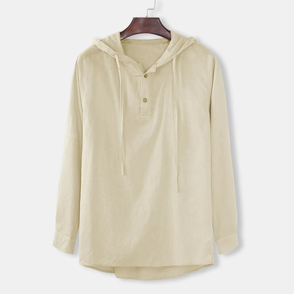 Men Shirts Hooded Solid Color Autumn Long Sleeve Tops Casual Buttons Cotton Linen Vintage Summer Beach Shirts Camisa Masculina