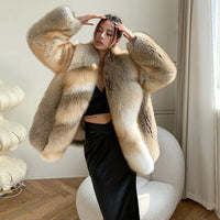 Denny&Dora Women's Fox Fur Coat Overcoat Full Pelt Thick Winter Coat Lapel Collar Woman Overcoats