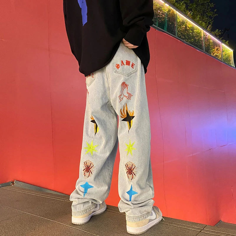 New Women's Jeans Neutral Wide Leg Denim Trousers Loose Straight Luxury Jeans Youth Street Casual Cross Embroidery Hip Hop Pants