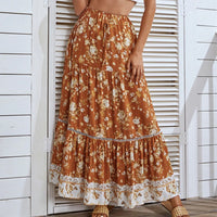 Boho Beach Skirts Women Elastic High Waist Ruffles Long Skirt Big Hem Floral Printing Casual Holiday Clothes Female