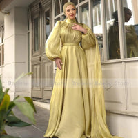Modest Evening Dresses for Women 2025 High Collar Puffy Long Sleeves Evening Gowns Long Pleated A Line Saudi Arabian Formal Gown