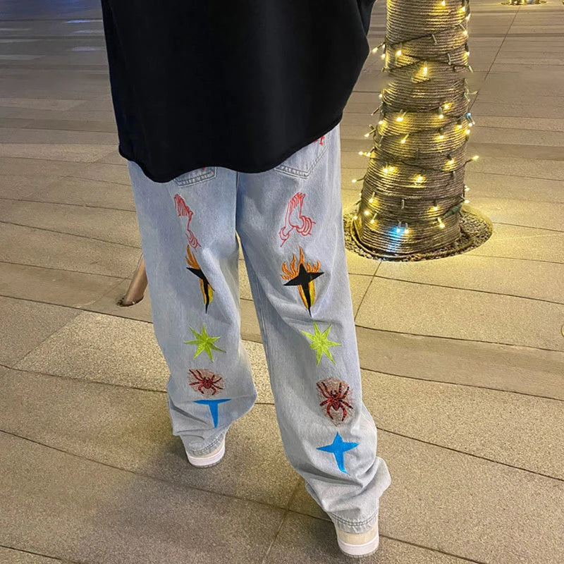 New Women's Jeans Neutral Wide Leg Denim Trousers Loose Straight Luxury Jeans Youth Street Casual Cross Embroidery Hip Hop Pants