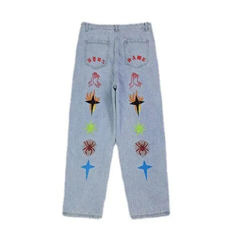 New Women's Jeans Neutral Wide Leg Denim Trousers Loose Straight Luxury Jeans Youth Street Casual Cross Embroidery Hip Hop Pants