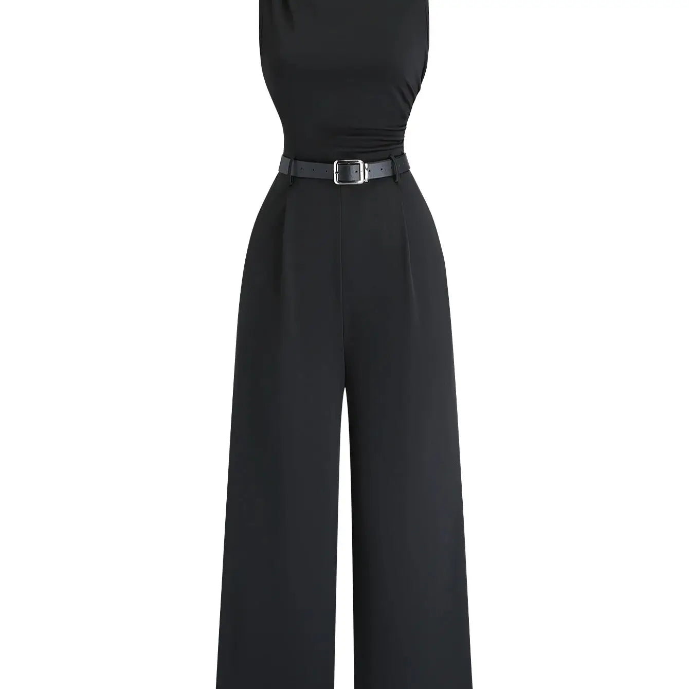 Black one shoulder cinched waist wide leg jumpsuit,Black single shoulder belted wide leg bodysuit