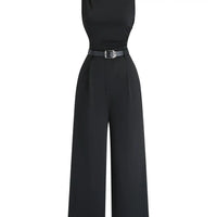 Black one shoulder cinched waist wide leg jumpsuit,Black single shoulder belted wide leg bodysuit
