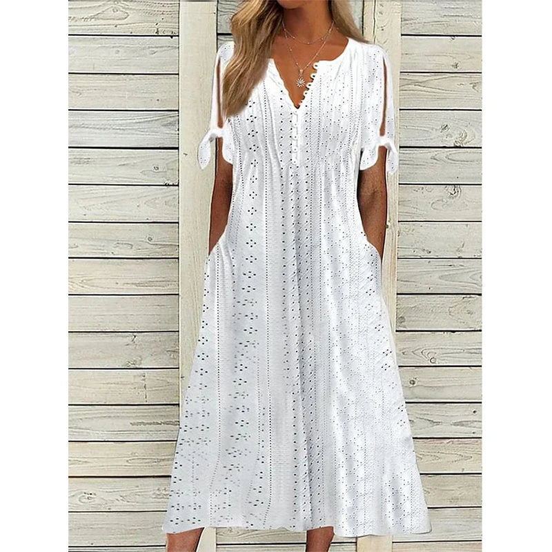 2023 Summer Women's Dress With Hollow Out V-neck Lace Ruffles Chic Elegant Long Dresses Pullover High Waist White Beach Vestidos