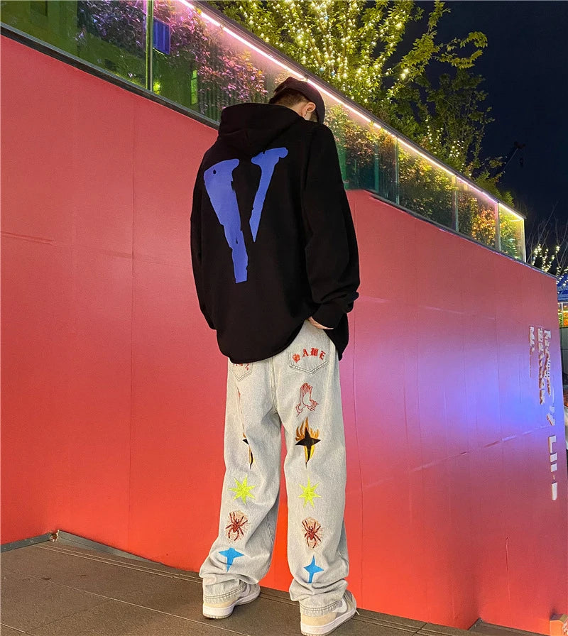 New Women's Jeans Neutral Wide Leg Denim Trousers Loose Straight Luxury Jeans Youth Street Casual Cross Embroidery Hip Hop Pants