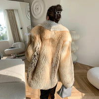 Denny&Dora Women's Fox Fur Coat Overcoat Full Pelt Thick Winter Coat Lapel Collar Woman Overcoats