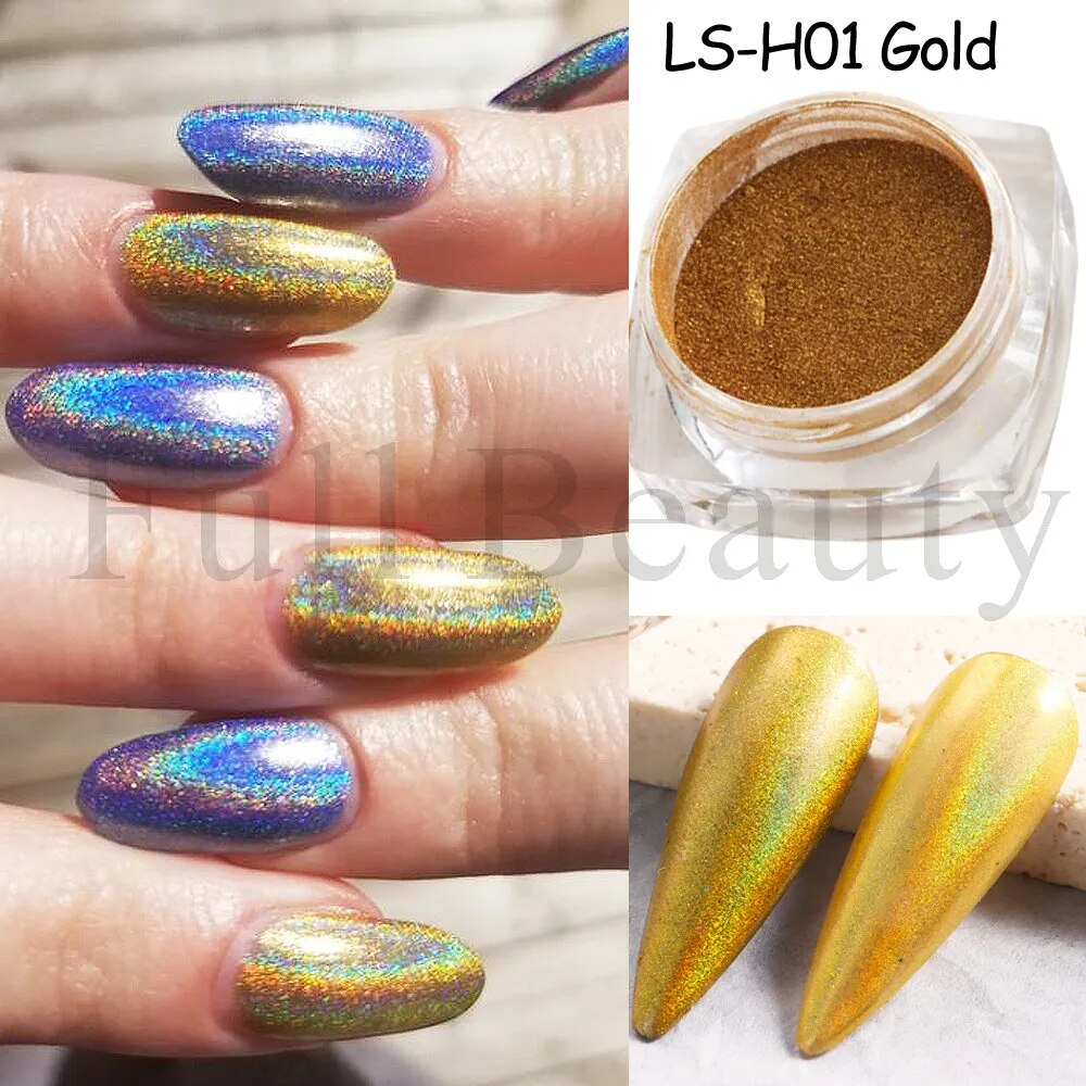 Holographic Mirror Nail Glitter Powder Shiny Aurora Laser Metallic Rubbing Dust Chrome Powder Gold Silver Pigment DIY Nail GLLSH