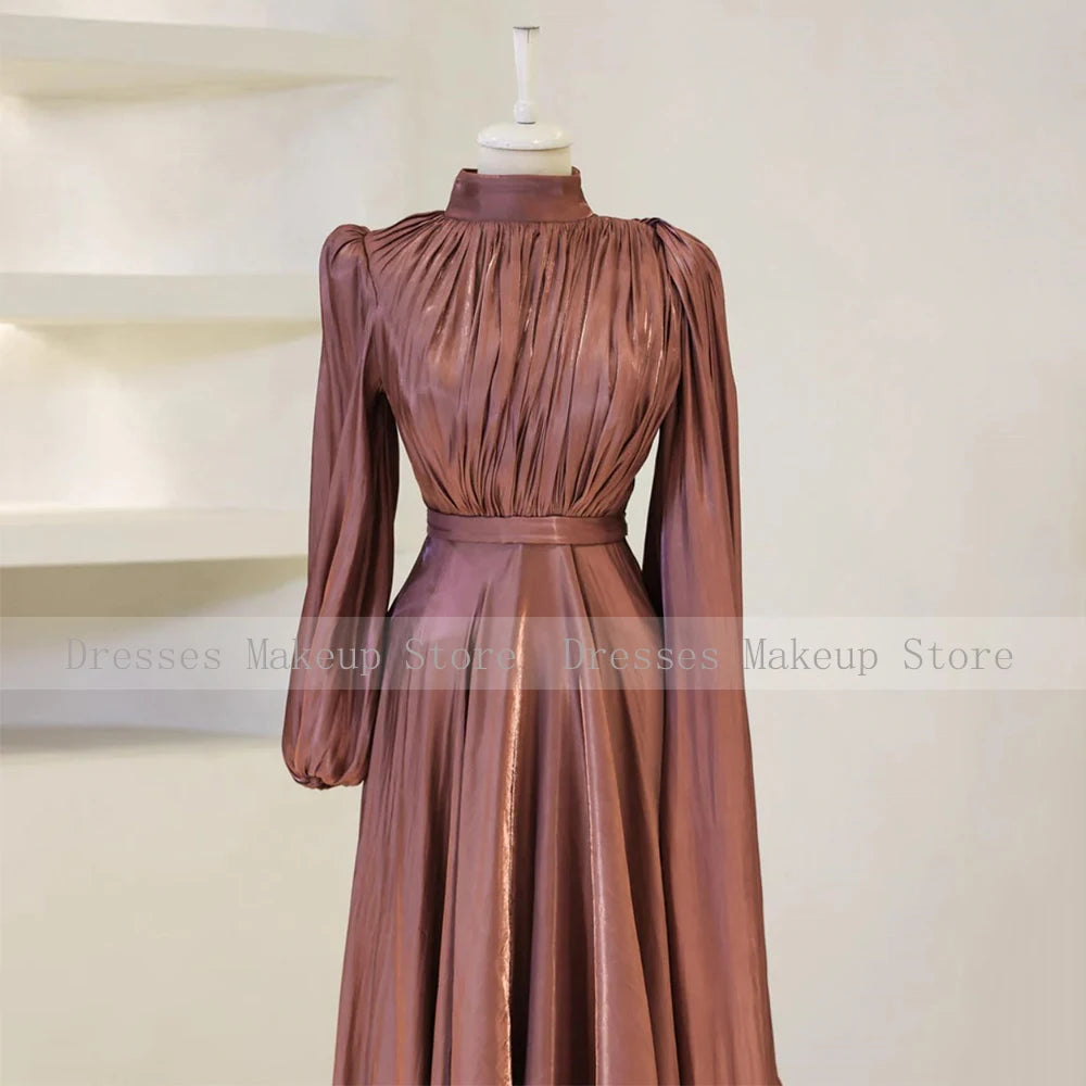 Modest Evening Dresses for Women 2025 High Collar Puffy Long Sleeves Evening Gowns Long Pleated A Line Saudi Arabian Formal Gown