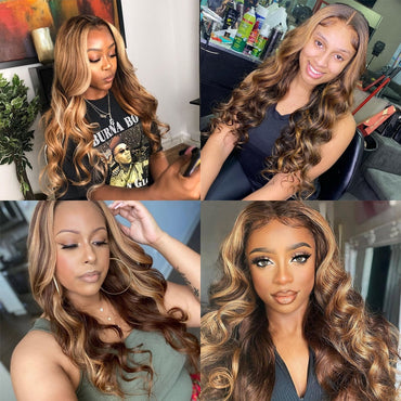 Highlight 30 inch 360 HD Lace Front Wigs Body Wave P4/27 Highlight Wig Human Hair Wigs For Women Ombre 13x4 Lace Frontal Wigs