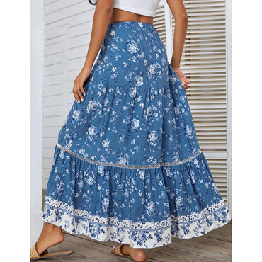 Boho Beach Skirts Women Elastic High Waist Ruffles Long Skirt Big Hem Floral Printing Casual Holiday Clothes Female