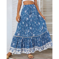 Boho Beach Skirts Women Elastic High Waist Ruffles Long Skirt Big Hem Floral Printing Casual Holiday Clothes Female