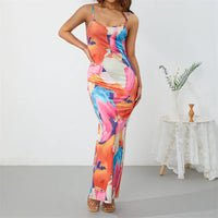 Sexy Abstract Tie-dyed Printed Bodycon Long Dress Summer 2022 Women Spaghetti Strap Backless Wrap Slit Dresses for Club Party