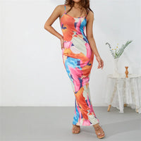 Sexy Abstract Tie-dyed Printed Bodycon Long Dress Summer 2022 Women Spaghetti Strap Backless Wrap Slit Dresses for Club Party