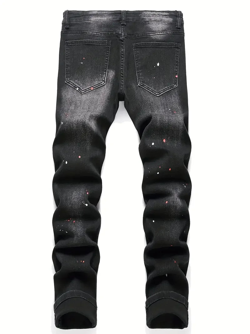 Men y2k Stretchy Denim jeans Ripped Skinny Letter Print elastic waist Casual pants for men Hole Slim Fit Denim Hip Hop Trousers