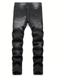 Men y2k Stretchy Denim jeans Ripped Skinny Letter Print elastic waist Casual pants for men Hole Slim Fit Denim Hip Hop Trousers