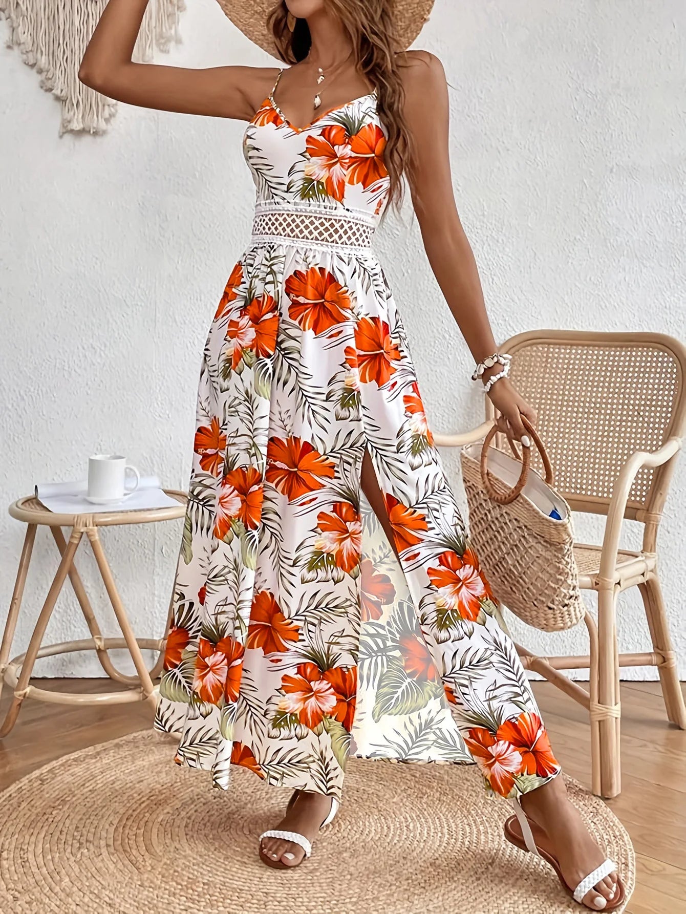 Women's Lace Patchwork Tropical Print Long Cami Dress, Elegant Slim-Fit Design, Perfect for Beach Vacation & Outing