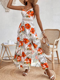 Women's Lace Patchwork Tropical Print Long Cami Dress, Elegant Slim-Fit Design, Perfect for Beach Vacation & Outing