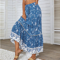 Boho Beach Skirts Women Elastic High Waist Ruffles Long Skirt Big Hem Floral Printing Casual Holiday Clothes Female