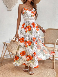Women's Lace Patchwork Tropical Print Long Cami Dress, Elegant Slim-Fit Design, Perfect for Beach Vacation & Outing