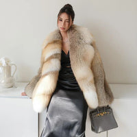 Denny&Dora Women's Fox Fur Coat Overcoat Full Pelt Thick Winter Coat Lapel Collar Woman Overcoats