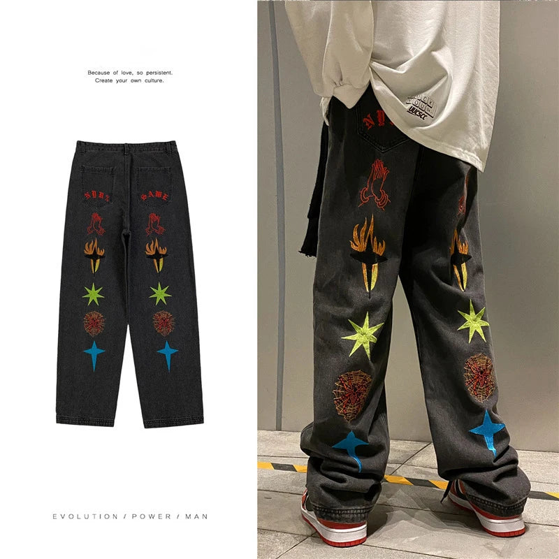 New Women's Jeans Neutral Wide Leg Denim Trousers Loose Straight Luxury Jeans Youth Street Casual Cross Embroidery Hip Hop Pants