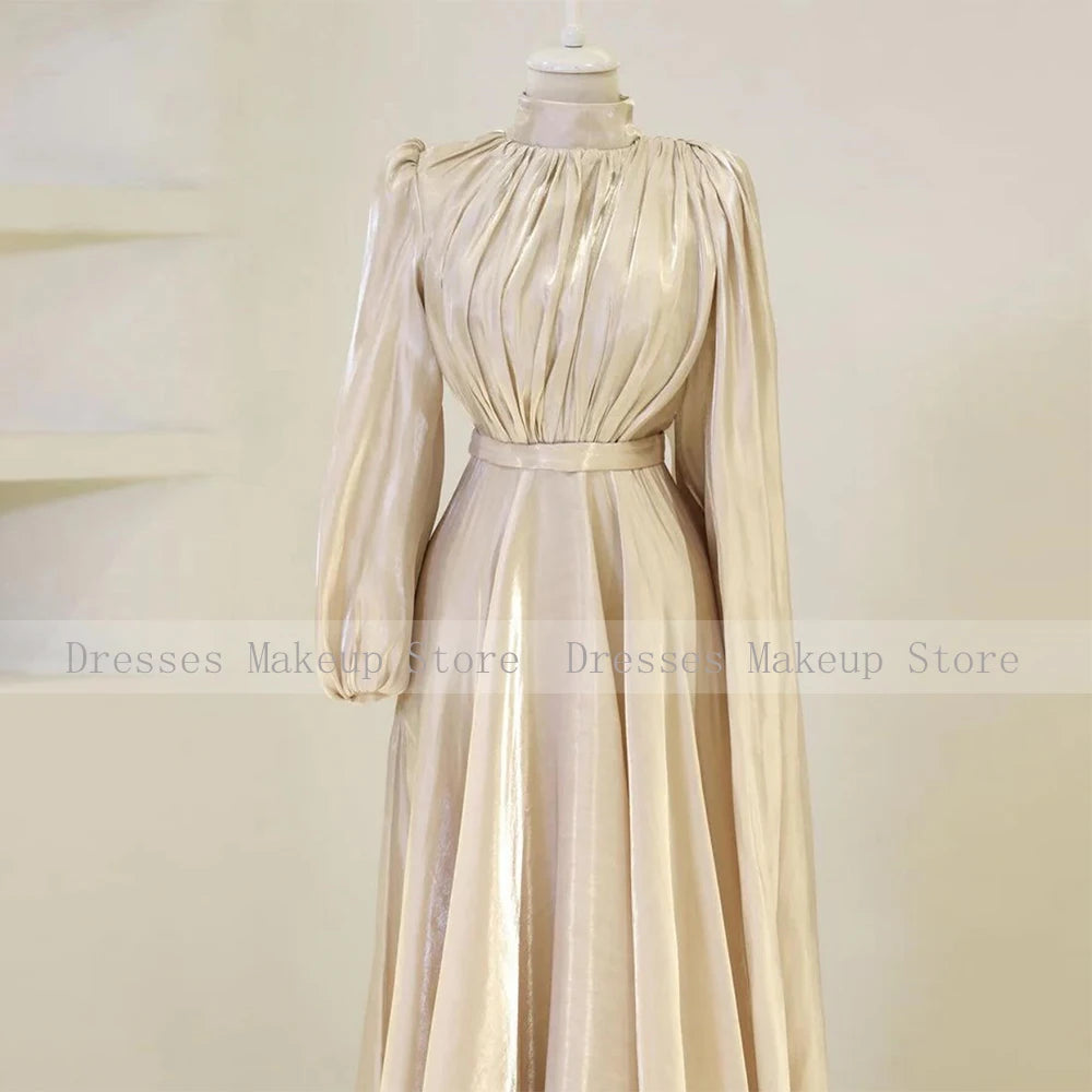 Modest Evening Dresses for Women 2025 High Collar Puffy Long Sleeves Evening Gowns Long Pleated A Line Saudi Arabian Formal Gown