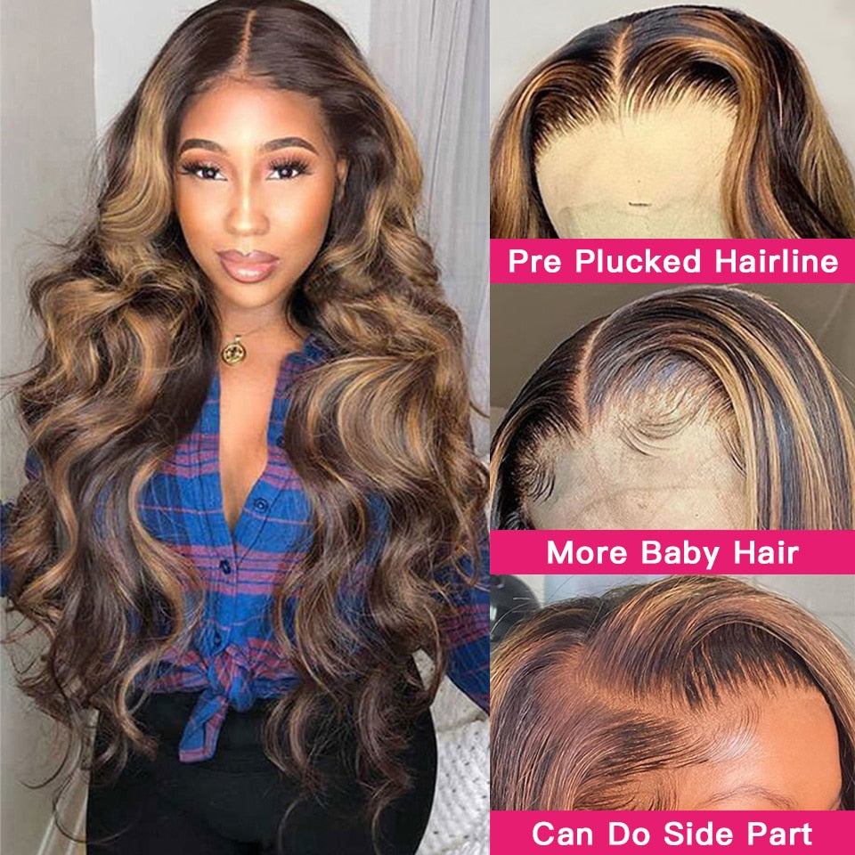 Highlight 30 inch 360 HD Lace Front Wigs Body Wave P4/27 Highlight Wig Human Hair Wigs For Women Ombre 13x4 Lace Frontal Wigs