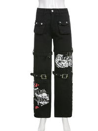 InsDoit Y2K Black Punk Skull Print Mall Goth Jeans Woman Eyelet Buckle Academic Cargo Pants Streetwear Big Pocket Dark Trousers